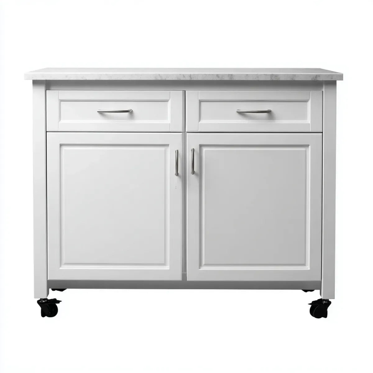 Îlot de cuisine roulant blanc en MDF 122 x 61 x 91 cm rectangulaire avec 2 tiroirs et 2 portes