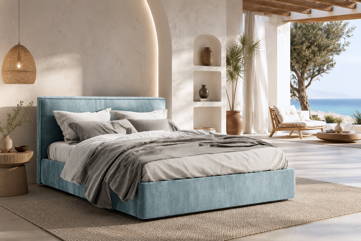 Lit coffre double rembourré bleu‑vert