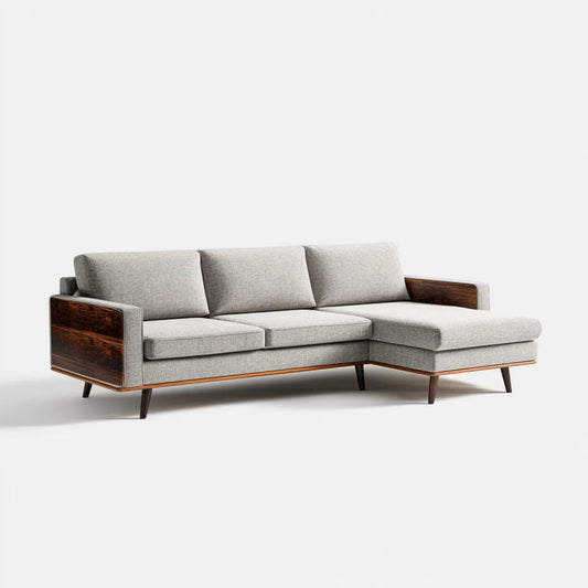Canapé d'angle 3 places avec méridienne à droite gris clair en polyester et bois 240 x 155 x 82 cm