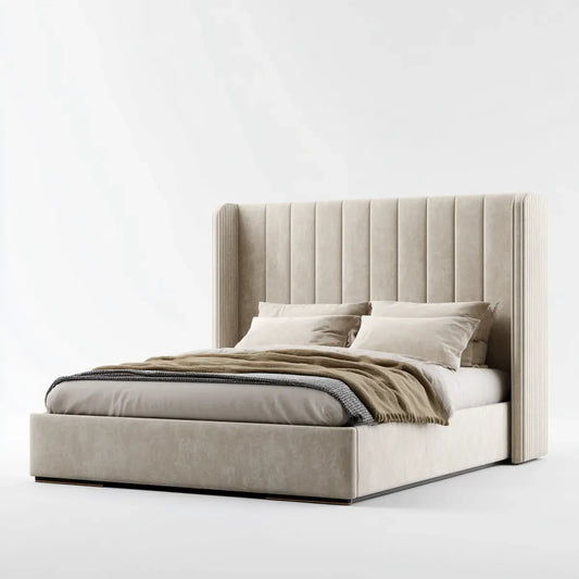 Lit double capitonné beige en polyester effet velours 160 x 200 cm avec tête de lit haute rectangulaire