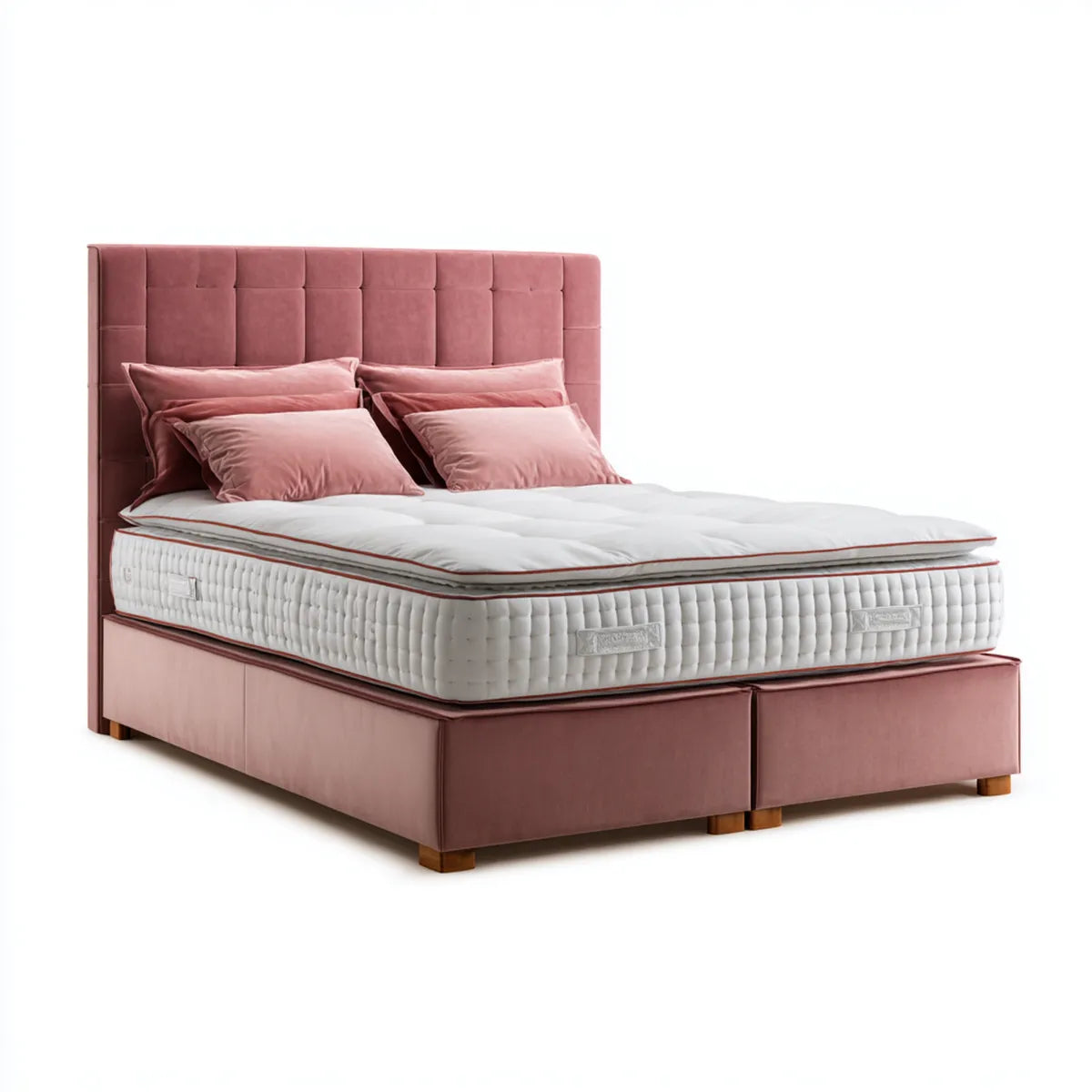 Lit double coffre capitonné rose avec tête de lit et matelas 180 x 200 cm en velours de polyester