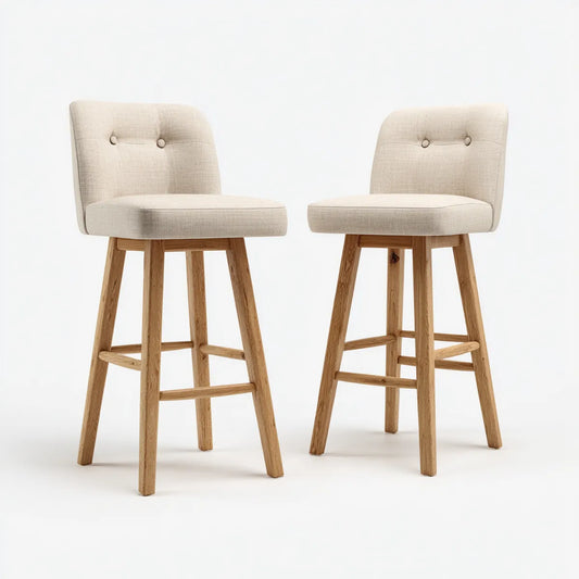 Lot de 2 tabourets de bar beige en polyester et chêne massif assise rectangulaire 45 x 50 x 96 cm