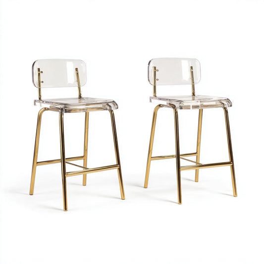 Lot de 2 tabourets de bar transparents dorés en PMMA et acier inoxydable forme rectangulaire 48 x 50 x 97 cm
