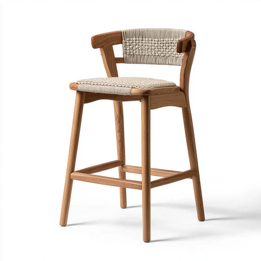 Tabouret de bar avec accoudoirs en chêne massif naturel et corde en papier beige assise rectangulaire 55 x 53 x 100 cm hauteur d'assise 75 cm