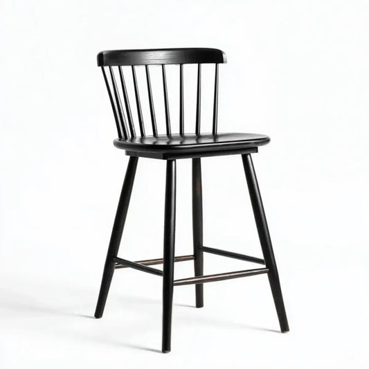 Tabouret de bar noir en bois d'hévéa massif à dossier à barreaux 45 x 50 x 101 cm