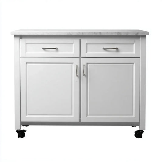 Îlot de cuisine roulant blanc en MDF 122 x 61 x 91 cm rectangulaire avec 2 tiroirs et 2 portes
