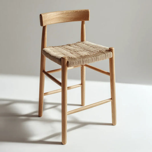 Tabouret de bar avec dossier chêne massif naturel et assise tressée beige 45 x 47 x 95 cm
