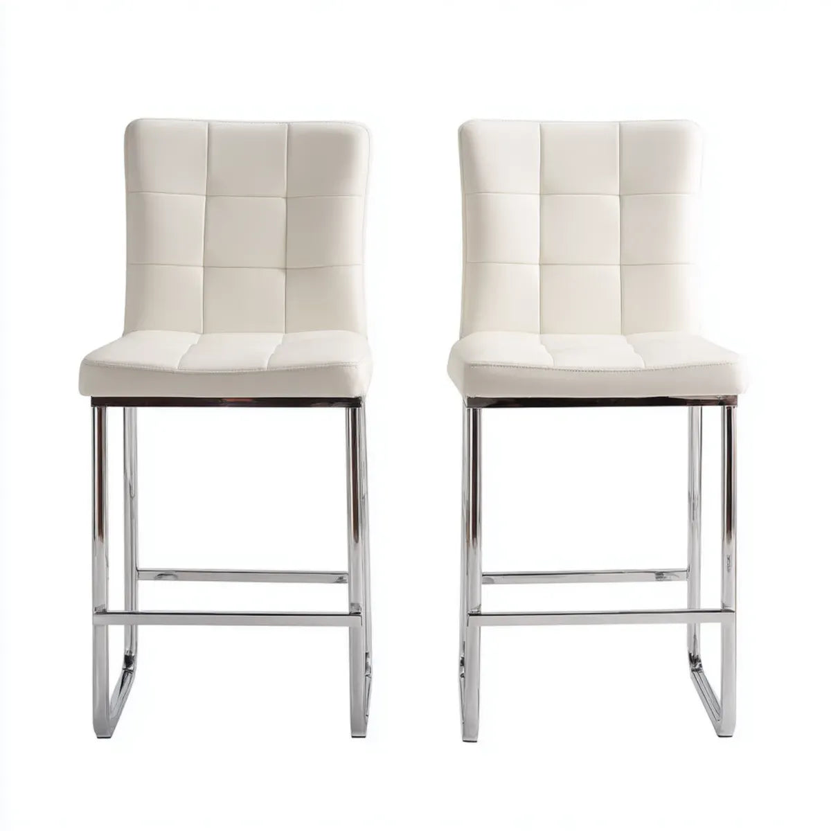 Lot de 2 tabourets de bar blancs en cuir synthétique PU avec structure en acier chromé dossier rectangulaire 46 x 53 x 105 cm