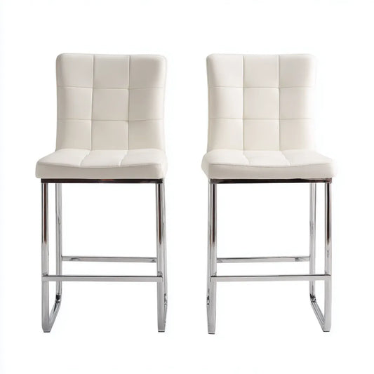 Lot de 2 tabourets de bar blancs en cuir synthétique PU avec structure en acier chromé dossier rectangulaire 46 x 53 x 105 cm
